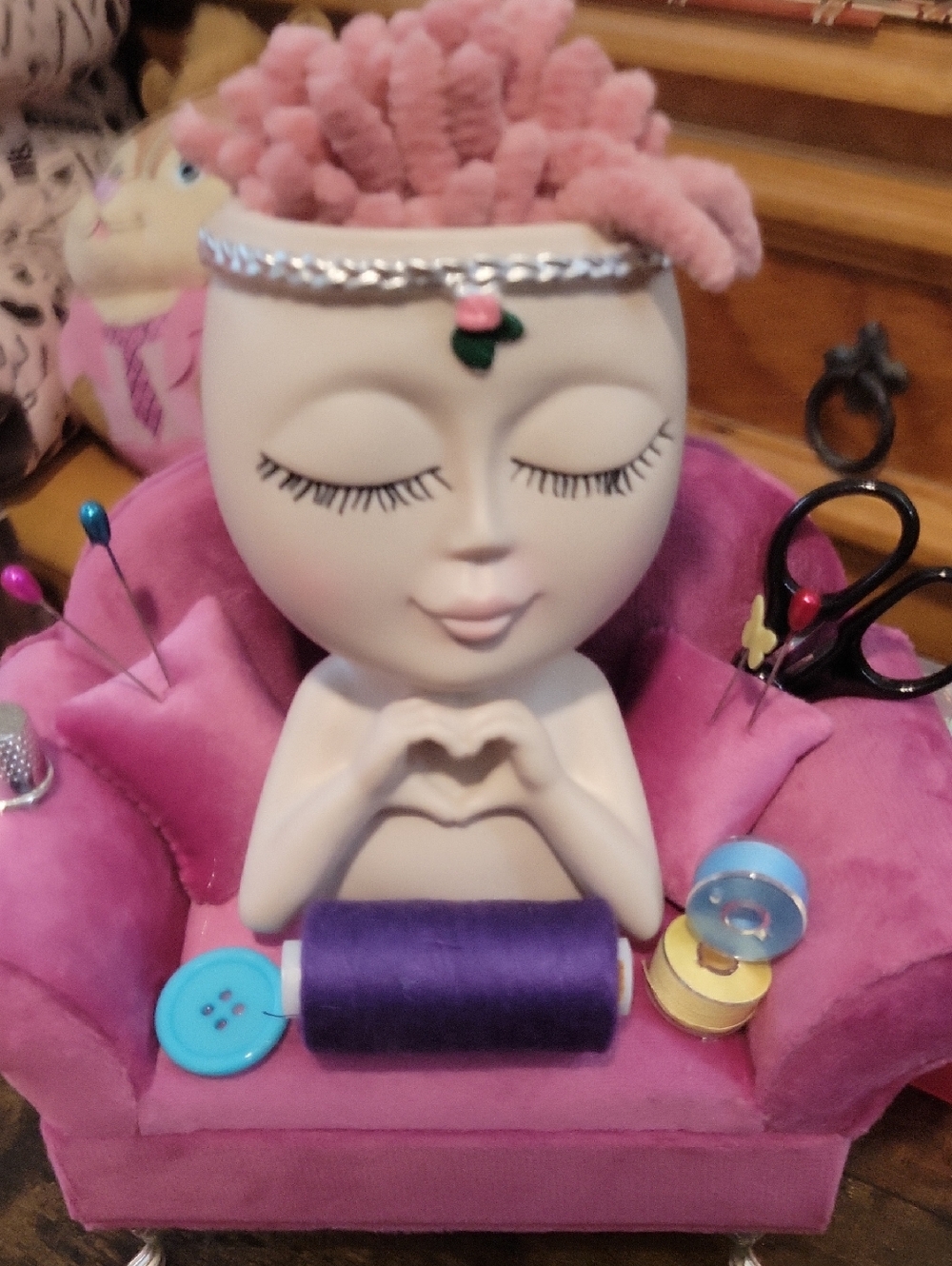 Plush Pink Jewelry & Sewing Organizer Sofa with Head Figurine